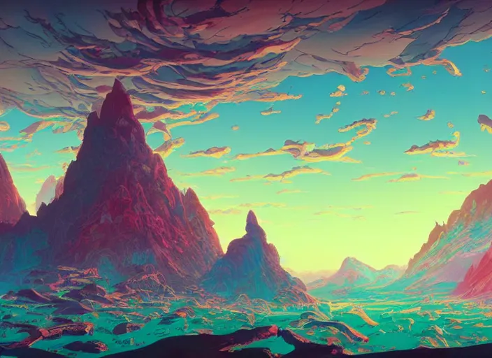 Image similar to psychedelic art of a landscape made of dragons, detailed, cel shaded, by makoto shinkai and moebius and anton fadeev and james gurney