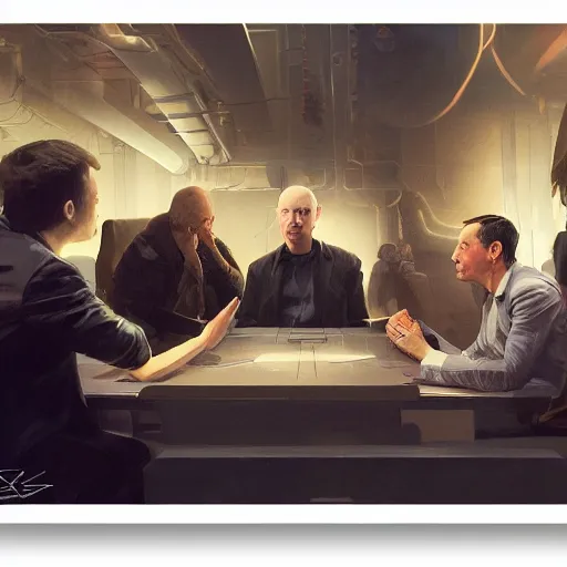 Image similar to illustration of a meeting between elon musk, mark zuckenberg, jeff bezos, very clear face, high quality, very detailled, by artgem, greg rutkowski, ruan jia