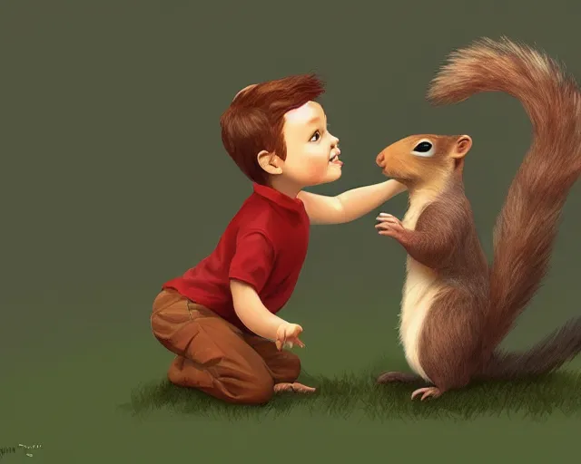 Image similar to a little boy play with a squirrel by samuel smith trending on artstation