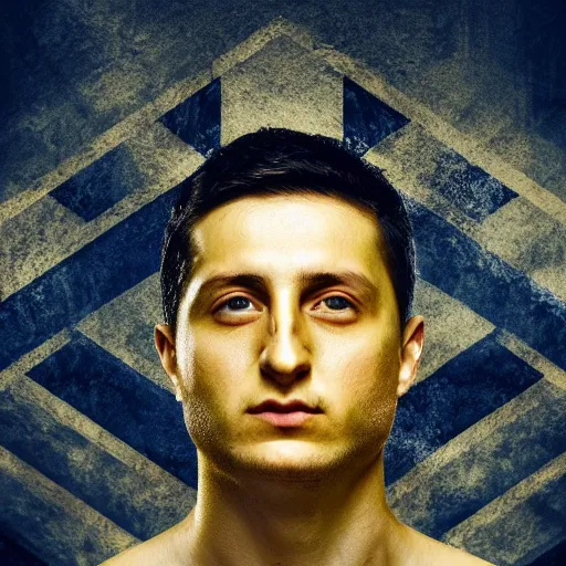 Prompt: Portrait of Volodimir Zelensky with ukrainian flag, amazing splashscreen artwork, splash art, head slightly tilted, natural light, elegant, intricate, fantasy, atmospheric lighting, cinematic, matte painting