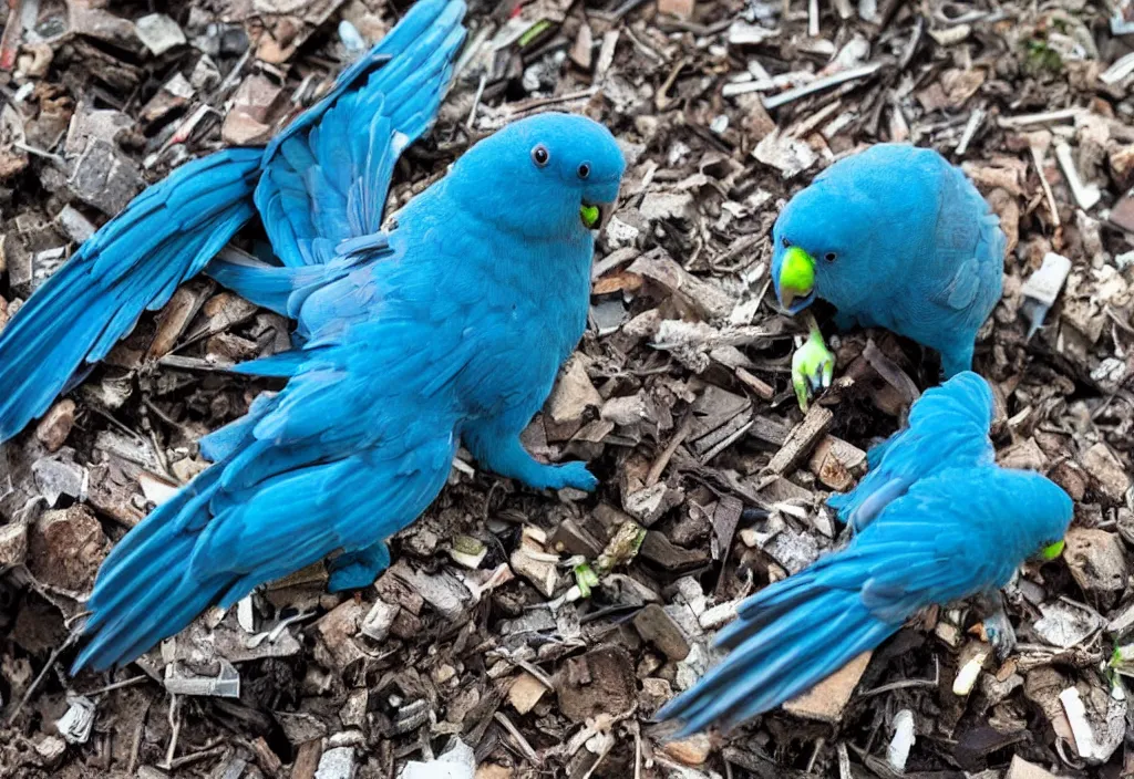 Image similar to giant blue Parrotlet destroying city in rage, rampage, destruction, apocalypse