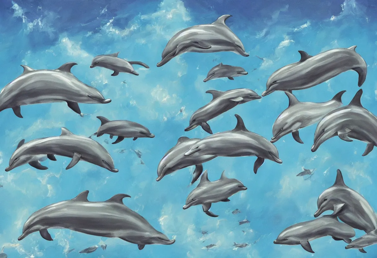 Prompt: close up on a family of dolphins flying through the sky together science fiction painting, cactus below