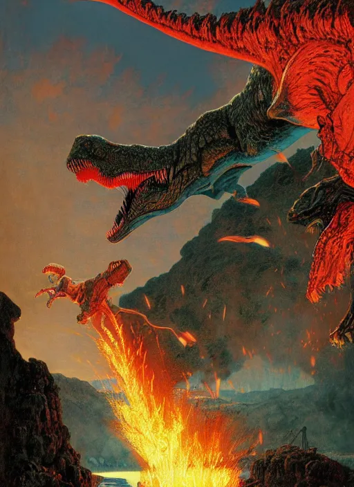 Image similar to dinosaur lava volcano, dynamic action, by lawrence alma - tadema and zdzislaw beksinski and norman rockwell and jack kirby and tom lovell and greg staples, artstation creature art