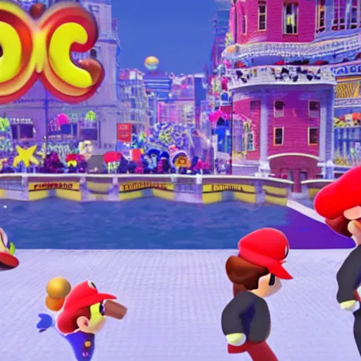 Image similar to The Beatles performing, in Super Mario Odyssey, ingame screenshot