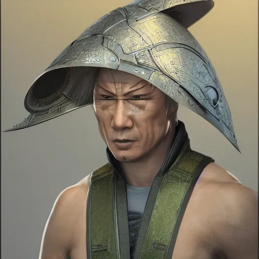 Image similar to highly detailed hybrid of raiden from mortal kombat, and raiden from metal gear solid wearing an asian conical hat. vfx portrait, stephen bliss, unreal engine, greg rutkowski, alphonse mucha, beeple global illumination, translucent, sub - surface scattering, detailed and intricate environment