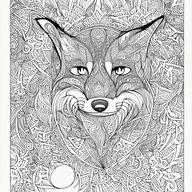 Image similar to fox ornaments fractal ink drawing line art colouring page, vector, margins, fine lines, centered