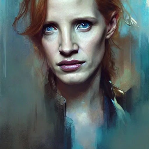 Image similar to jessica chastain, hyperrealistic portrait, bladerunner street, art of elysium by jeremy mann and alphonse mucha, fantasy art, photo realistic, dynamic lighting, artstation, poster, volumetric lighting, very detailed face, 4 k, award winning