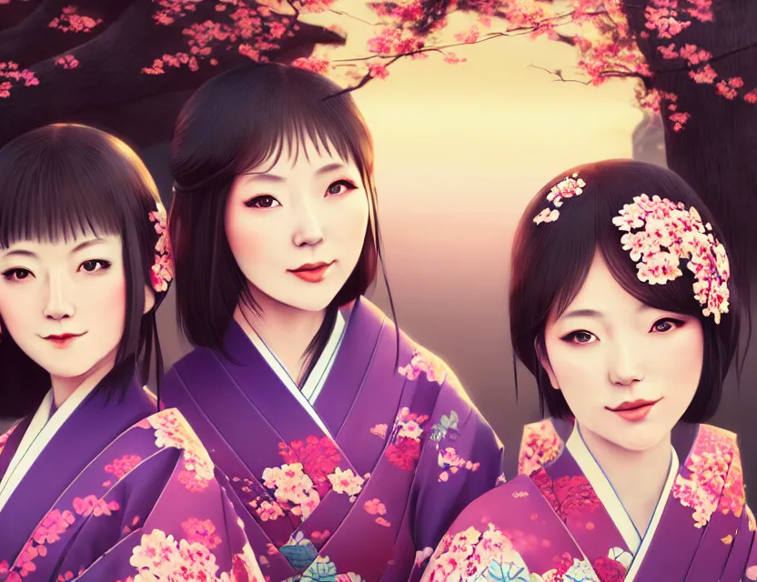 Image similar to two beautiful charming japan girls wear arty kimono in festival | | sunny night, full moon, dreamlike art, realistic shaded, smile, good looking, hyper details, 4 k realistic, cryengine, realistic shaded lighting poster by ilya kuvshinov, fuji choko, ross tran, 8 k resolution, trending on artstation, luxury