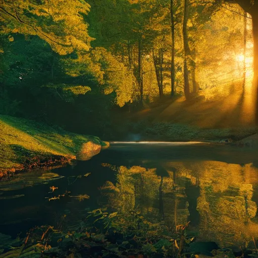 Image similar to river in a forest, golden hour, ray tracing reflection, 8k, hyper realistic, insainly detailed, hdr, octane render