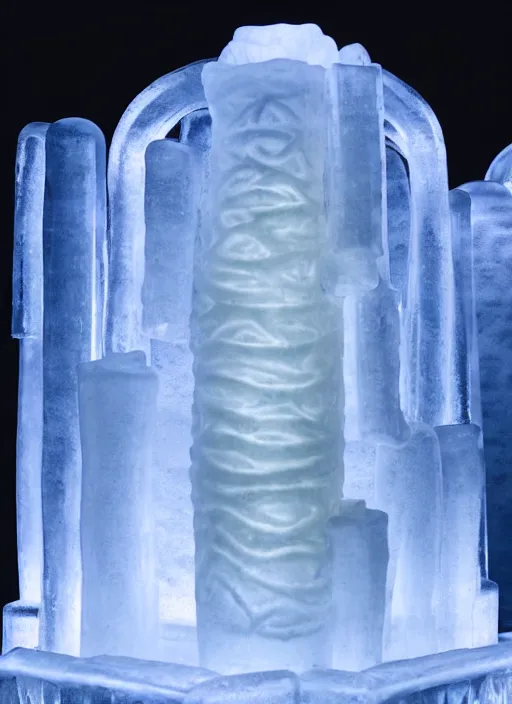 Image similar to ice sculpture by h. r. giger, victoria frances, cinematic lighting, specular highlights,