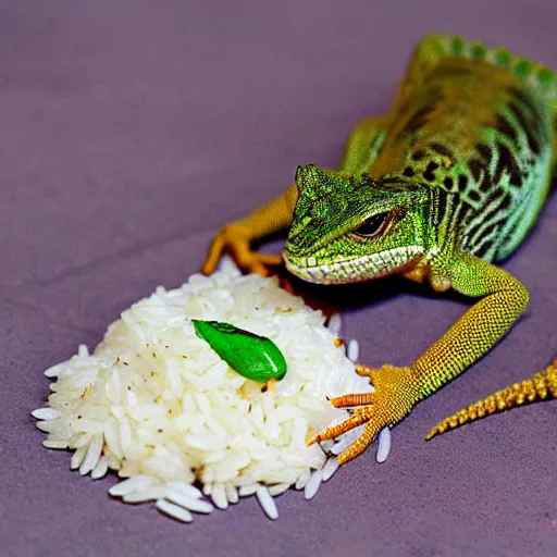 Prompt: lizard eating rice