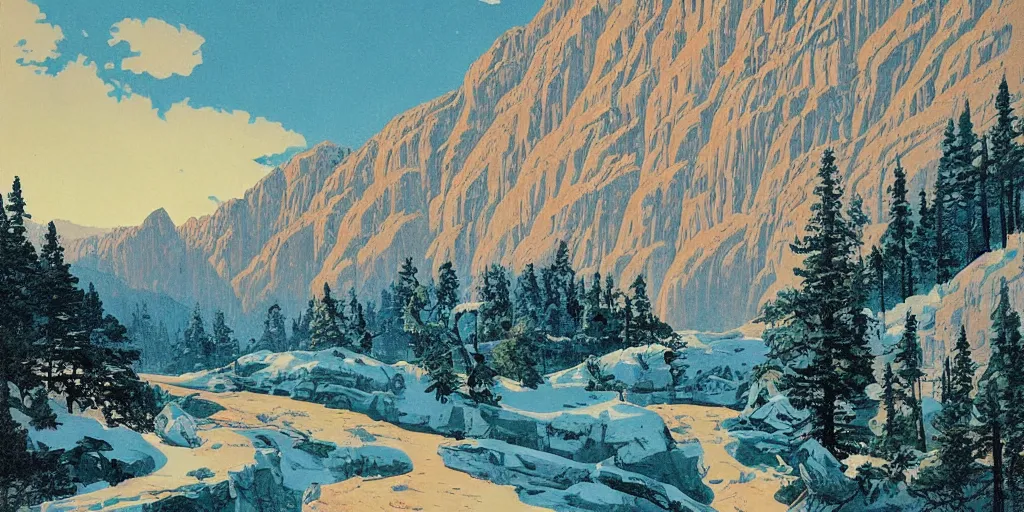 Image similar to beautiful!!!!!!!!!!!! idyllic poster illustration for a craggy ice snow valley canyon national park by ludwig hohlwein, ludwig hohlwein!!!!!!!!!!