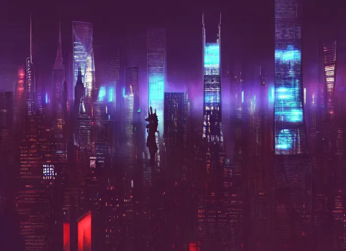 Image similar to cyberpunk scifi scene of new york skyline at night, artstation, matt painting, very detailed, maximalism, ambient occlusion, volumetric light, atmospheric haze, unreal engine, hyper realism, realistic shading, cinematic composition, realistic render, octane render, detailed textures, photorealistic, wide shot