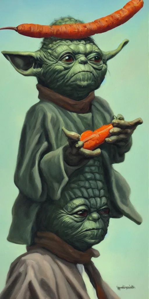 Image similar to old oil painting of a yoda eating carrot while standing on a darth vader helmet, trending on artstation