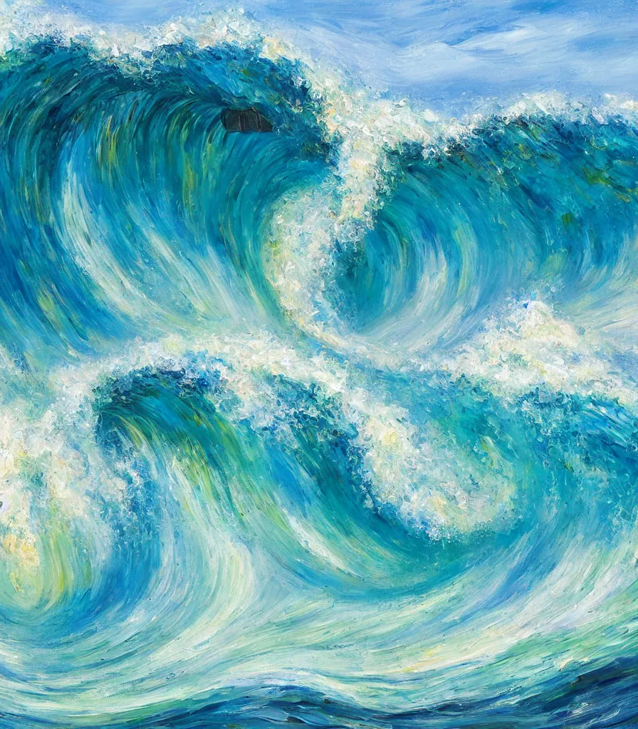 Image similar to an impasto oil painting of a beautiful barreling wave af pipeline in hawaii, traidic color scheme, high detail, breathtaking wave, modern art, abstract art, soft colors