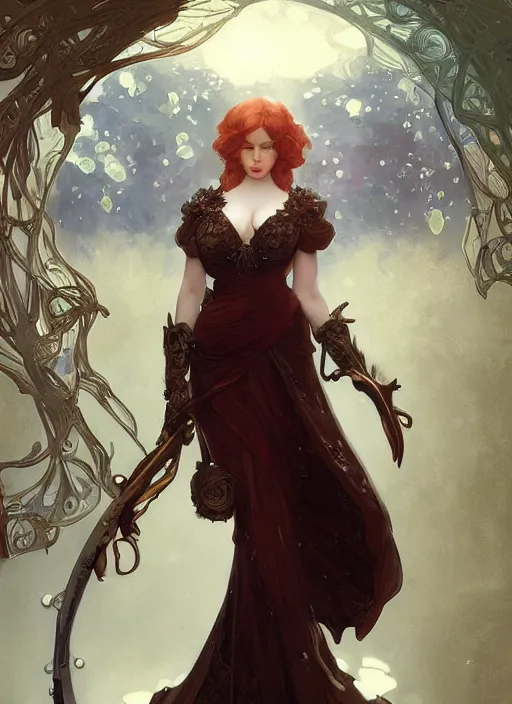 Prompt: Christina Hendricks, fantasy, intricate, elegant, highly detailed, digital painting, artstation, concept art, smooth, sharp focus, illustration, art by artgerm and greg rutkowski and alphonse mucha