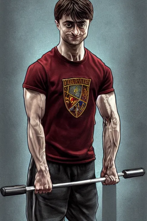 Image similar to highly detailed rendering of Daniel Radcliffe as Harry Potter doing barbell back squats, dingy workout gym, wearing a muscle tee shirt, muscular deep squats, symmetrical, highly detailed, digital painting, artstation, concept art, smooth, sharp focus, illustration, cinematic lighting, art by artgerm and greg rutkowski and alphonse mucha