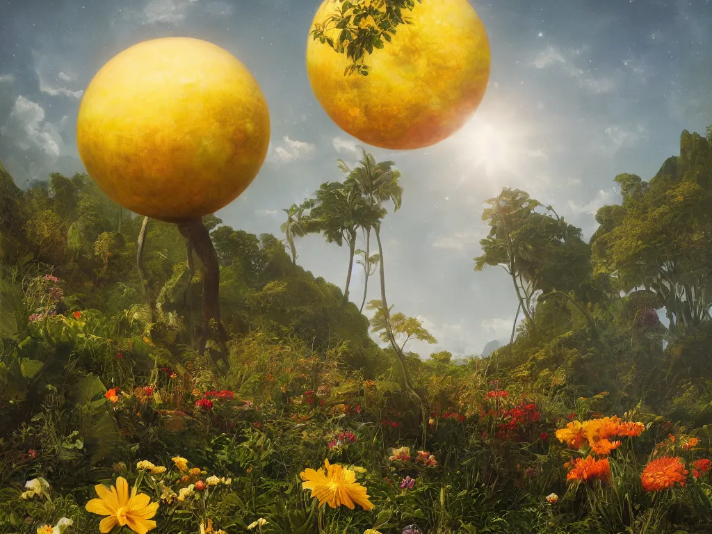 Prompt: sunlight study, the universe is a spheroid region 7 0 5 meters in diameter of kauai wildflower undergrowth, art nouveau, by cornelis de heem and ( ( ( ( ( lisa frank ) ) ) ) ), 8 k, sharp focus, octane render