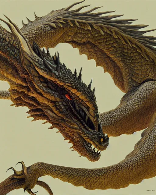 Image similar to Medium shot low angle dragon, highly detailed, sharp focus, digital painting, oil painting, artwork, museum work, by Robert Bateman, by Carl Brenders,