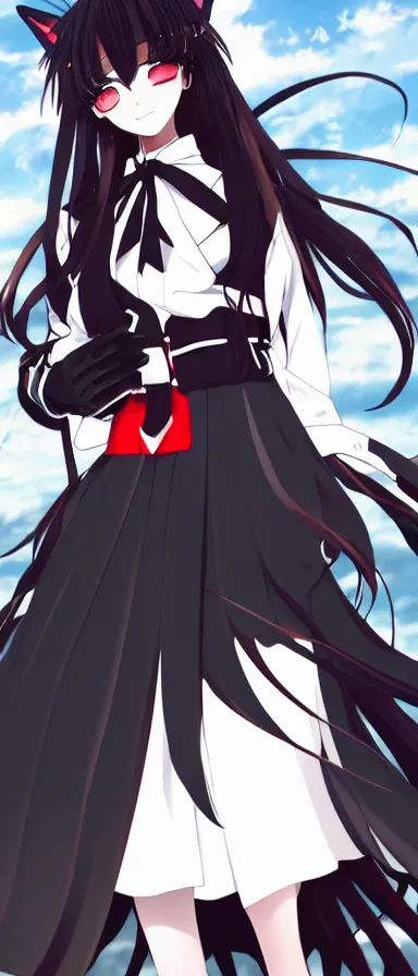 Image similar to Anime Screenshot of a “red-eyed black-haired anime fox girl” wearing black fingerless-gloves, high-waist-black-skirt, white-collared-shirt blue-open-jacket, black-necktie, unsheathing her katana, white background, visual-key, anime illustration, pixiv, anime-twitter