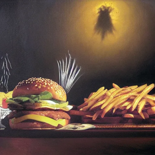 Prompt: surreal grotesque kitsch low-brow Rob Schneider emerging from deep shadows eating hamburgers, extra onions and ketchup, luscious patty with sesame seeds, figure in the darkness, serving big macs, french fry pattern ambience, Francisco Goya, painted by John Singer Sargant, Adrian Ghenie, style of Francis Bacon, highly detailed, 8k, trending on artstation