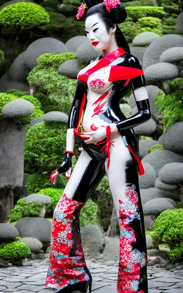 Image similar to a futuristic fetish geisha wearing a latex tomesode with traditional japanese pattern, heavy black okobo shoes, in a futuristic zen garden, 4 k