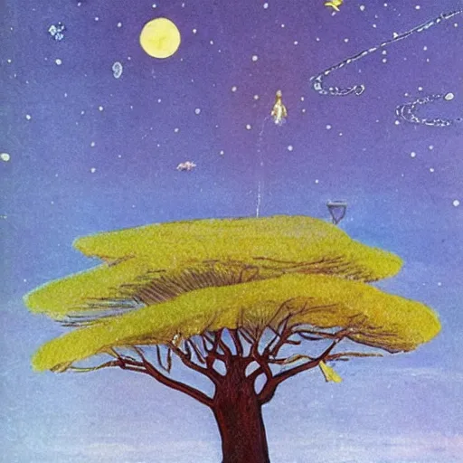 Image similar to a large tree rooted in a crystal planet floating in space, by exupery, the little prince