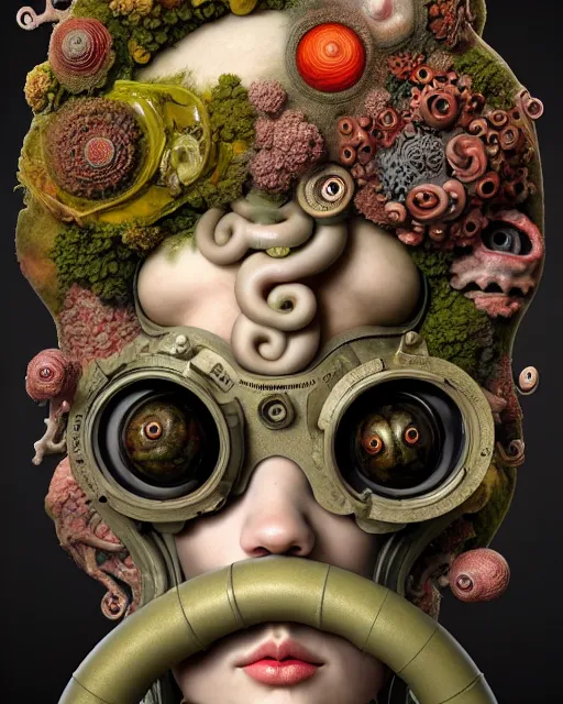 Image similar to a biomorphic portrait with with large eyes, expressive, wearing a botanical gas mask, baroque painting by ayami kojima, mark ryden, arcimboldo, cephalopod human, mixed media 3 d collage, focus on head, soft light, 4 k, octane high quality render