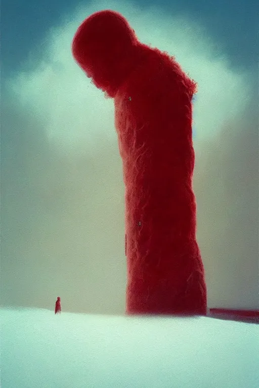 Prompt: a painting of a person standing in the snow, blizzard, a surrealist painting by zdzisław beksinski and by alena aenami, deviantart, nuclear art, dystopian art, apocalypse landscape, red color scheme, surrealist