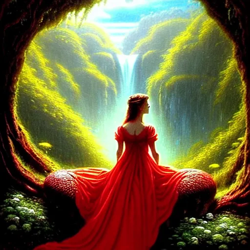 Image similar to an elegant fairy queen in a red lace dress sitting and looking out at a lord of the rings scenery landscape, vast lush valley flowers and giant mushroom structures, waterfall, river, sunrise, god's rays highly detailed, vivid colour, soft clouds, floral sunset, cinematic lighting, perfect composition, gustave dore, derek zabrocki, greg rutkowski, belsinski