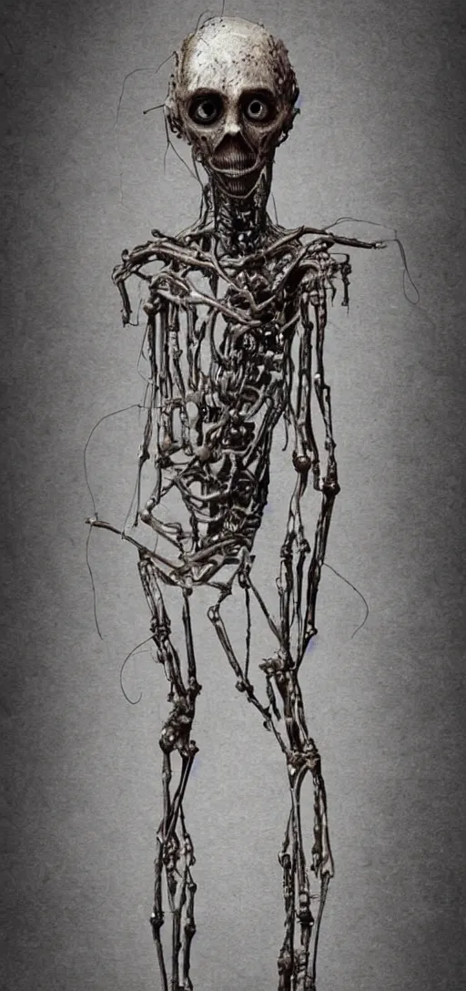 Image similar to creepy long humanoid with steel parts extending from its body at random points, body horror, scary, dark, creepy