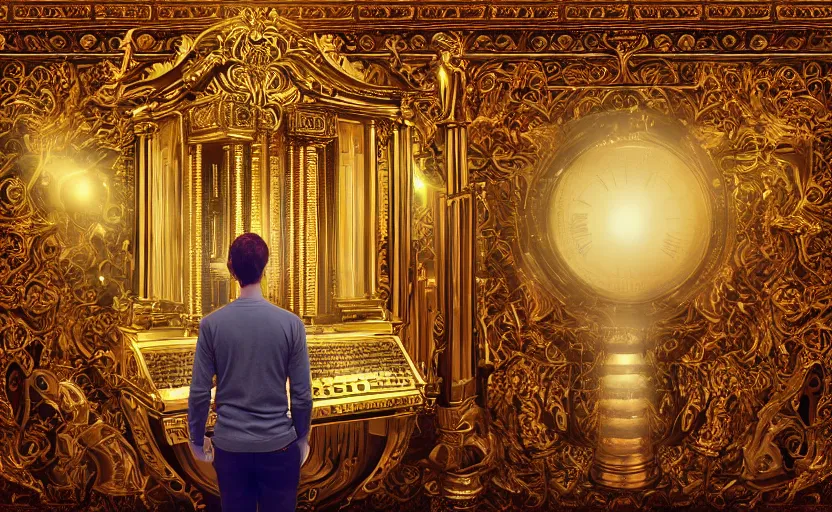 Image similar to A person standing in front of a giant baroque computer asking it to generate an image of what they are about to say, fantasy, digital art, golden hours, dramatic, ornate, manga