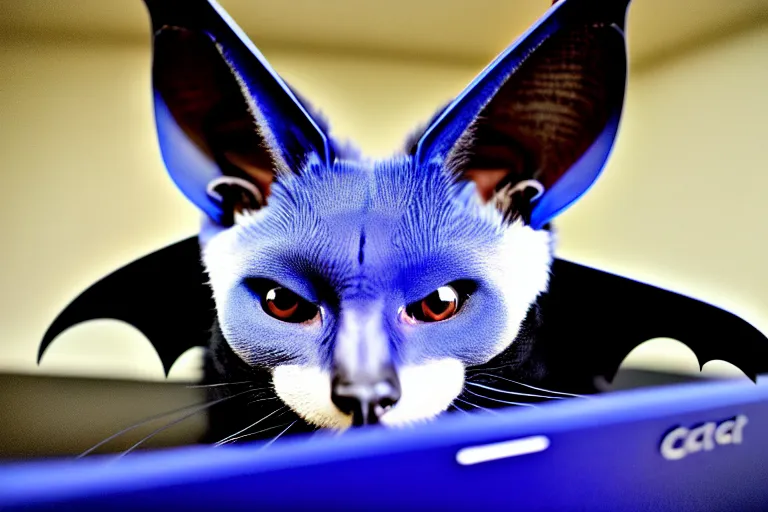 Prompt: a blue - and - black male catbat fursona with blue / green heterochromatic eyes and huge bat ears, photo of the catbat streaming on his computer