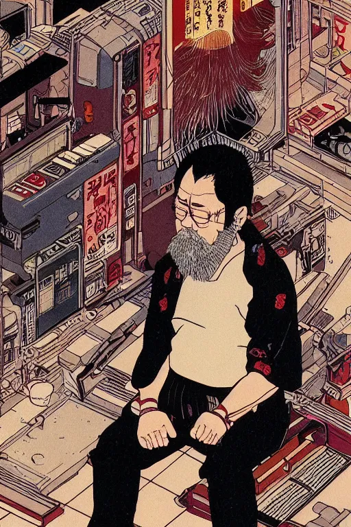 Image similar to awe-inspiring 1980s Japanese cyberpunk style illustration of a grandfather with a beard sitting on the floor by Masamune Shiro and Katsuhiro Otomo, studio ghibli color scheme, dark, complex