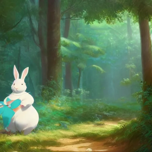 Image similar to concept art painting of a chubby white rabbit wearing a turquoise dress, in the deep forest, realistic, detailed, cel shaded, in the style of makoto shinkai and greg rutkowski and james gurney