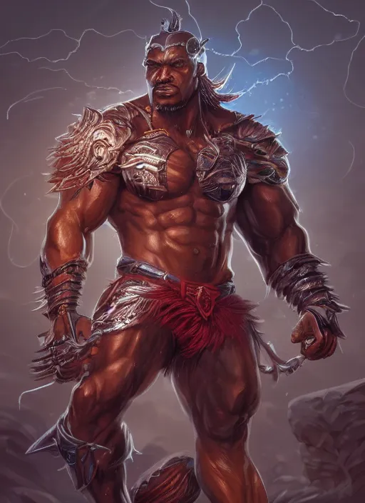 Image similar to a highly detailed illustration of berserker african god of lightning, muscular, intricate, elegant, highly detailed, centered, digital painting, artstation, concept art, smooth, sharp focus, league of legends concept art, WLOP