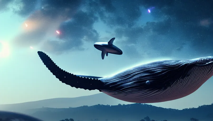 Image similar to highly detailed cinematic scifi render of a flying whale over the tuscany skies, cypresses and hills, stars and planets, hyper detailed, digital art, cinematic lighting, studio quality, smooth render, unreal engine 5, octane render, trending on artstaion.