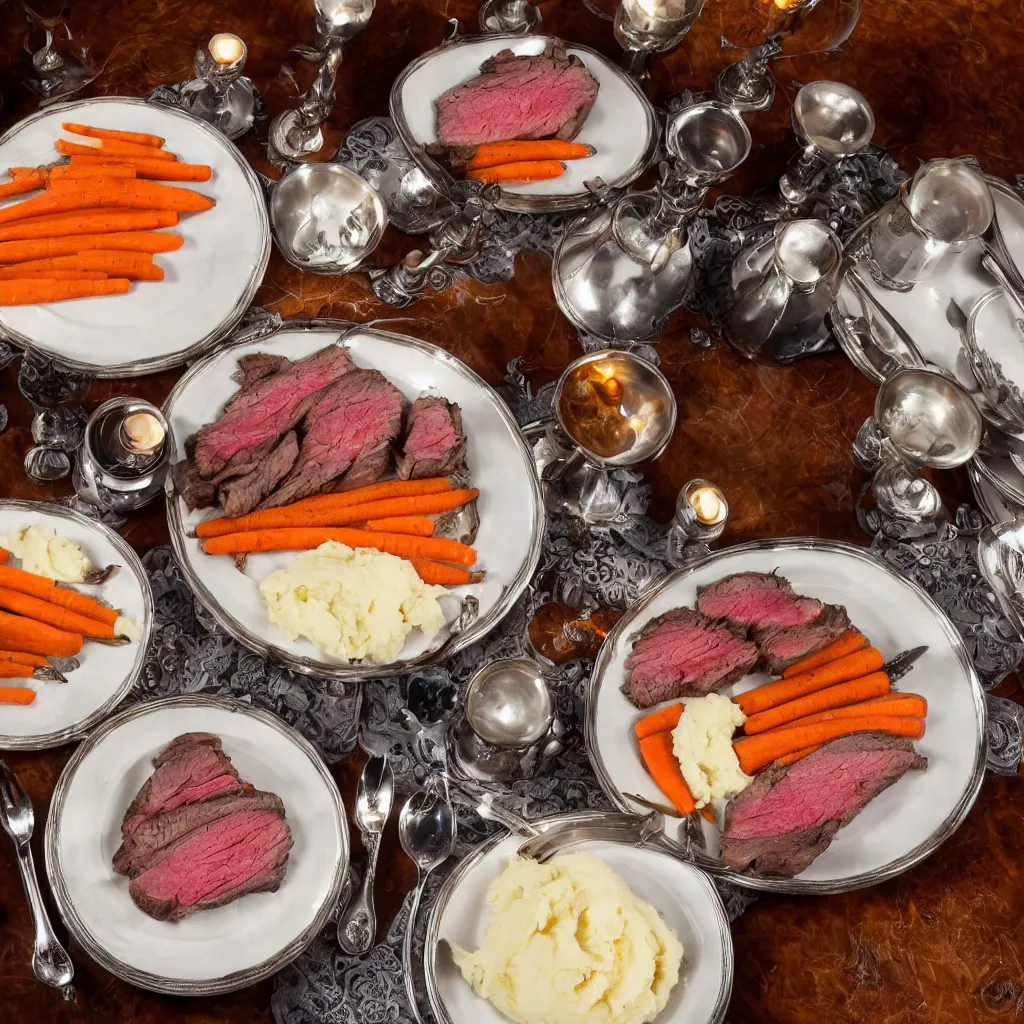 Image similar to single plate with prime rib, asparagus, mashed potatoes and gravy, and steamed carrots with blue table cloth and lit candles in ornate silver candlesticks, ultra - realistic, photo realism, professional photograph, extreme detail, deep focus, laser sharp, volumetric lighting, atmospheric, luxury, elite