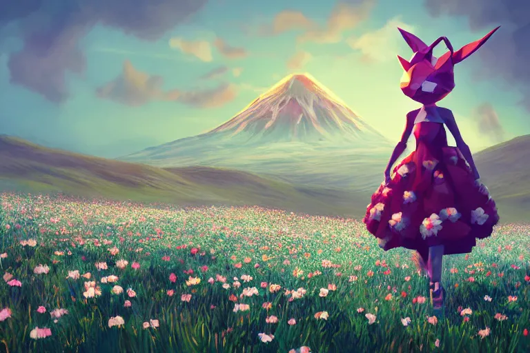 Prompt: lowpoly ps 1 playstation 1 9 9 9 anthropomorphic lurantis girl standing in a field of daisies wearing shoes and a hat, mount doom in the distance digital illustration by ruan jia on artstation