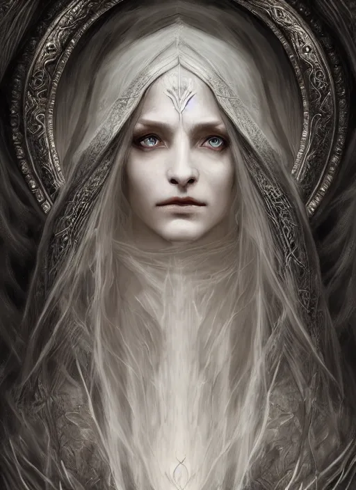 Image similar to immortal majestic elven sorceress wearing a cloak, long beautiful strands of pale white hair, engraving, concept art, elden ring, illustration, smooth, sharp focus, by gustave dore and greg rutkowski, hyper realistic face, piercing beautiful eyes, fantasy art, in the style of midjourney, intricate, alphonse mucha, hyper detailed