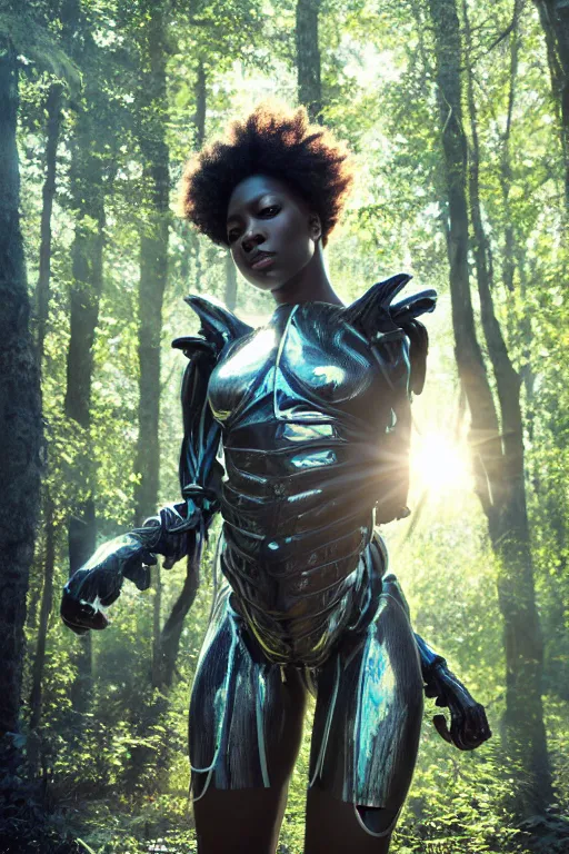 Prompt: hyperrealistic very beautiful black woman, highly detailed exoskeleton armor in a forest, sun behind her, concept art brad kunkle elson peter, dramatic blue light low angle hd 8k sharp focus