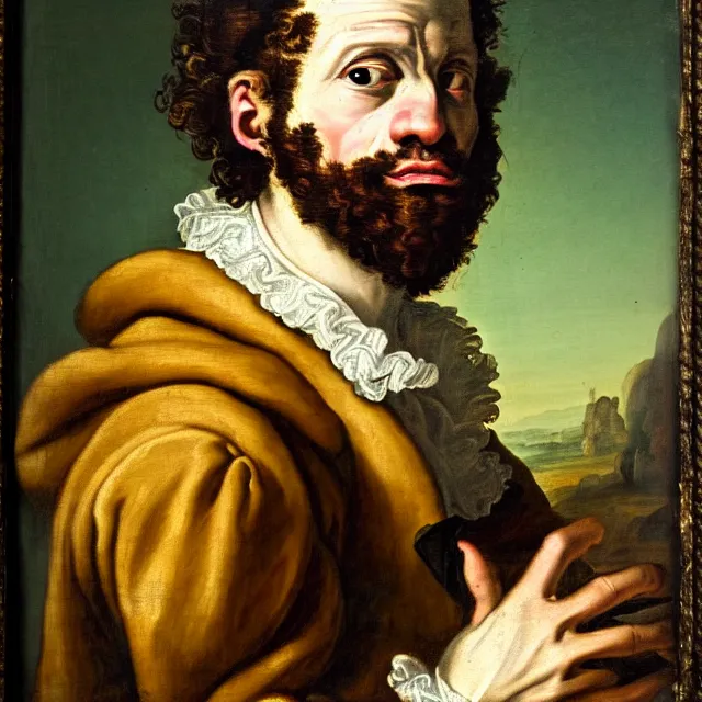 Prompt: baroque portrait painting of young disheveled mad wild - eyed frazzled pensive anxious nobleman alchemist painter