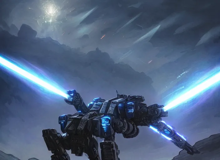 Image similar to an armored core v, ; scifi, booster flares, legs, laser rifles, karst landscape, outdoor, dark blue sky, cloud, wilderness ground, glowing lights intricate elegant, highly detailed, digital painting, artstation, concept art, smooth, sharp focus, thin glowing wires, illustration, art by artgerm and greg rutkowski and alphonse mucha, singularity