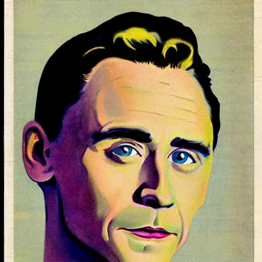 Image similar to “Tom Hiddleston portrait, color vintage magazine illustration 1950”