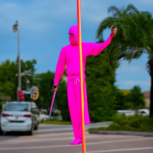 Image similar to a ninja with sword standing on a pole in neon pink clothes