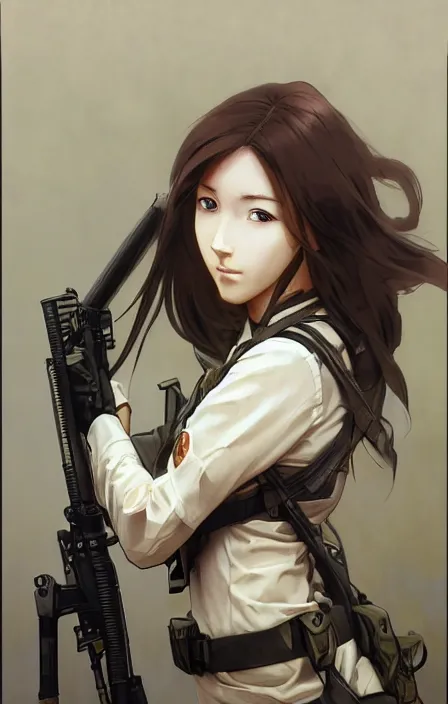 Image similar to infantry girl, anime style, symmetrical facial features long hair, hair down, under heavy fire, explosions, hyper realistic, pale skin, rule of thirds, extreme detail, 4 k, detailed drawing, trending artstation, realistic shading, visual novel cg, by alphonse mucha, greg rutkowski, sharp focus, backlit, fast helmet