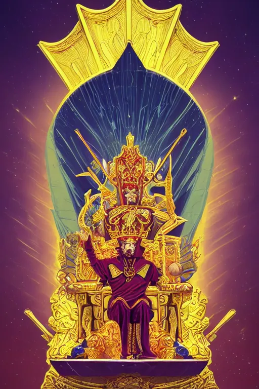 Prompt: the emperor tarot card, the crowned embodiment of male power holding the symbol of his power sits on a lavish throne ruling with wisdom and care, 8 k resolution digital painting, by alena aenami, by michael whelan, behance hd, trending on artstation deviantart