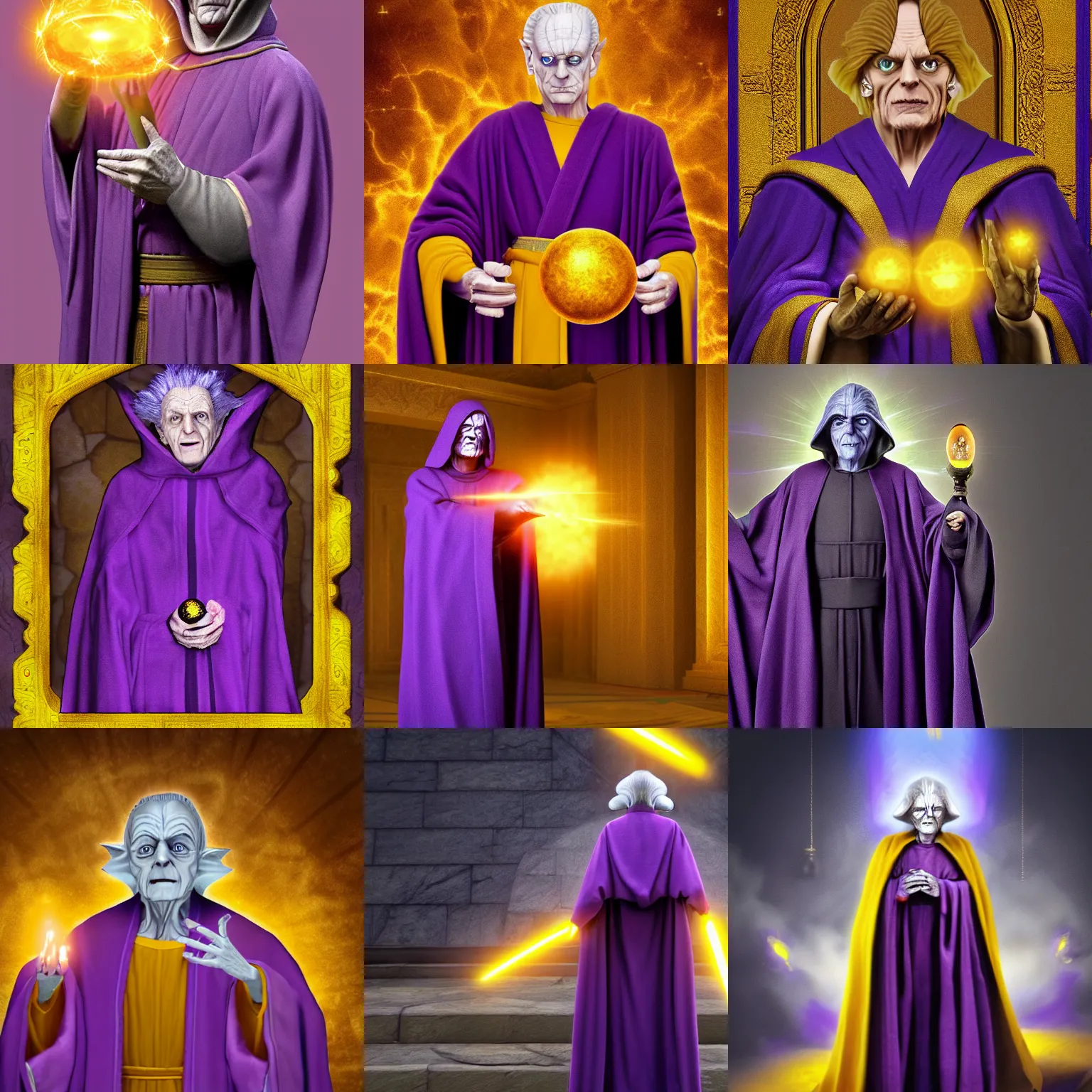 Prompt: A masterpiece portrait of a Emperor Palpatine wearing a purple medieval robe and holding a yellow magical orb. Very detailed. Unreal Engine. intricate elegant highly detailed