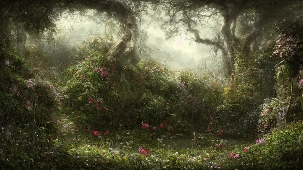 Image similar to the secret garden is overgrown with weeds and growth. no snow. andreas achenbach, artgerm, mikko lagerstedt, zack snyder, tokujin yoshioka