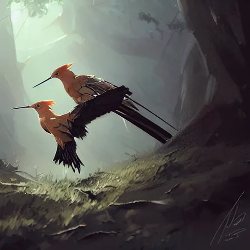 Image similar to hoopoe with his crest in avila pinewood, 4 k, concept art, by wlop, ilya kuvshinov, artgerm, krenz cushart, greg rutkowski, pixiv. cinematic dramatic atmosphere, sharp focus, volumetric lighting, cinematic lighting, studio quality